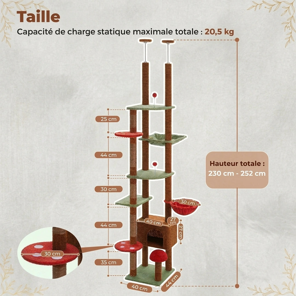 Dimensions de La Tour Féline : hauteur réglable 230 à 252 cm, charge maximale 20,5 kg
