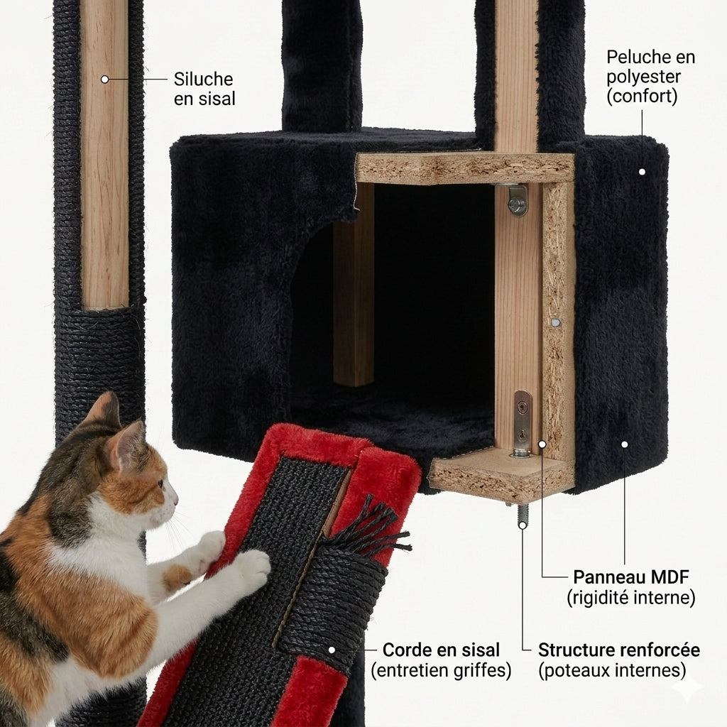 Tour Féline | XXL Réglable Sol-Plafond avec Hamac et Niche – Tour d’Escalade pour Chats