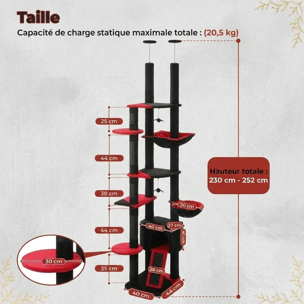 Dimensions de La Tour Féline noire : hauteur réglable 230 à 252 cm