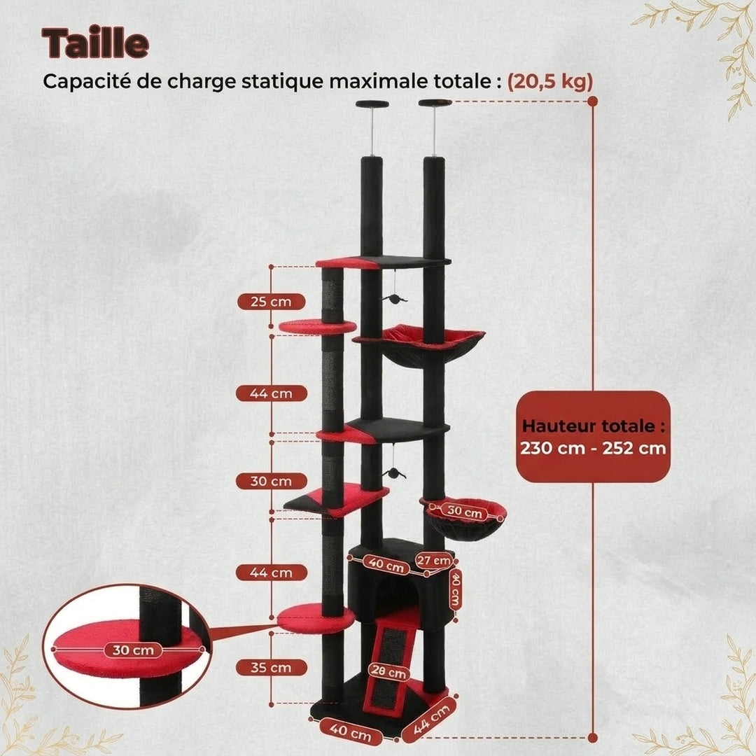 Tour Féline | XXL Réglable Sol-Plafond avec Hamac et Niche – Tour d’Escalade pour Chats