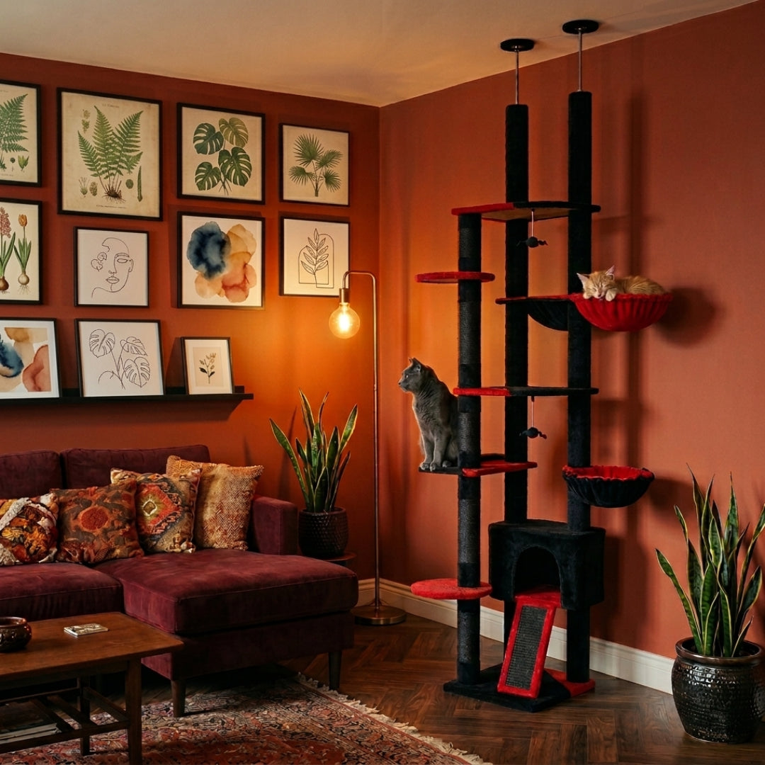 Tour Féline | XXL Réglable Sol-Plafond avec Hamac et Niche – Tour d’Escalade pour Chats