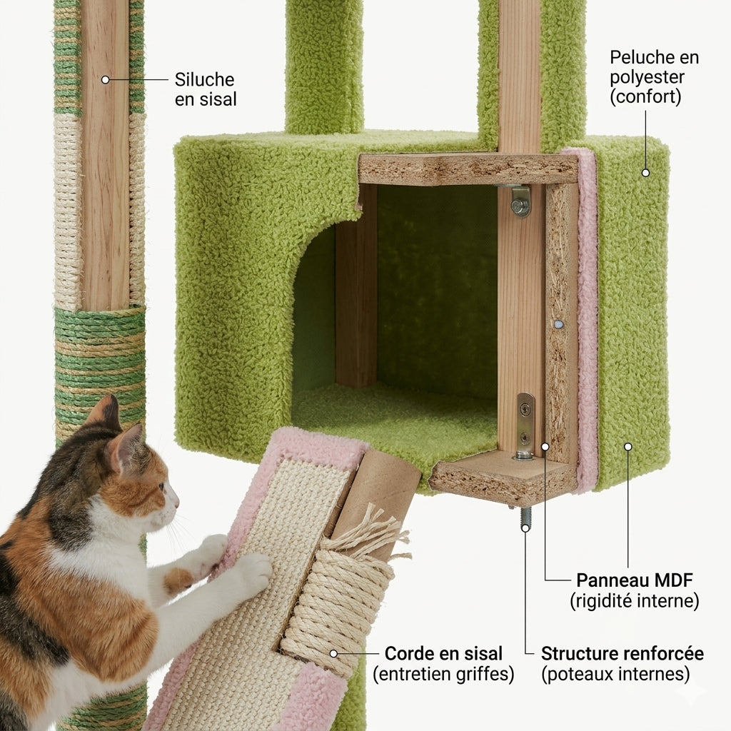 Arbre à chat XXL | Réglable Sol-Plafond avec Hamac et Niche | Tour d'Escalade | Tour Féline