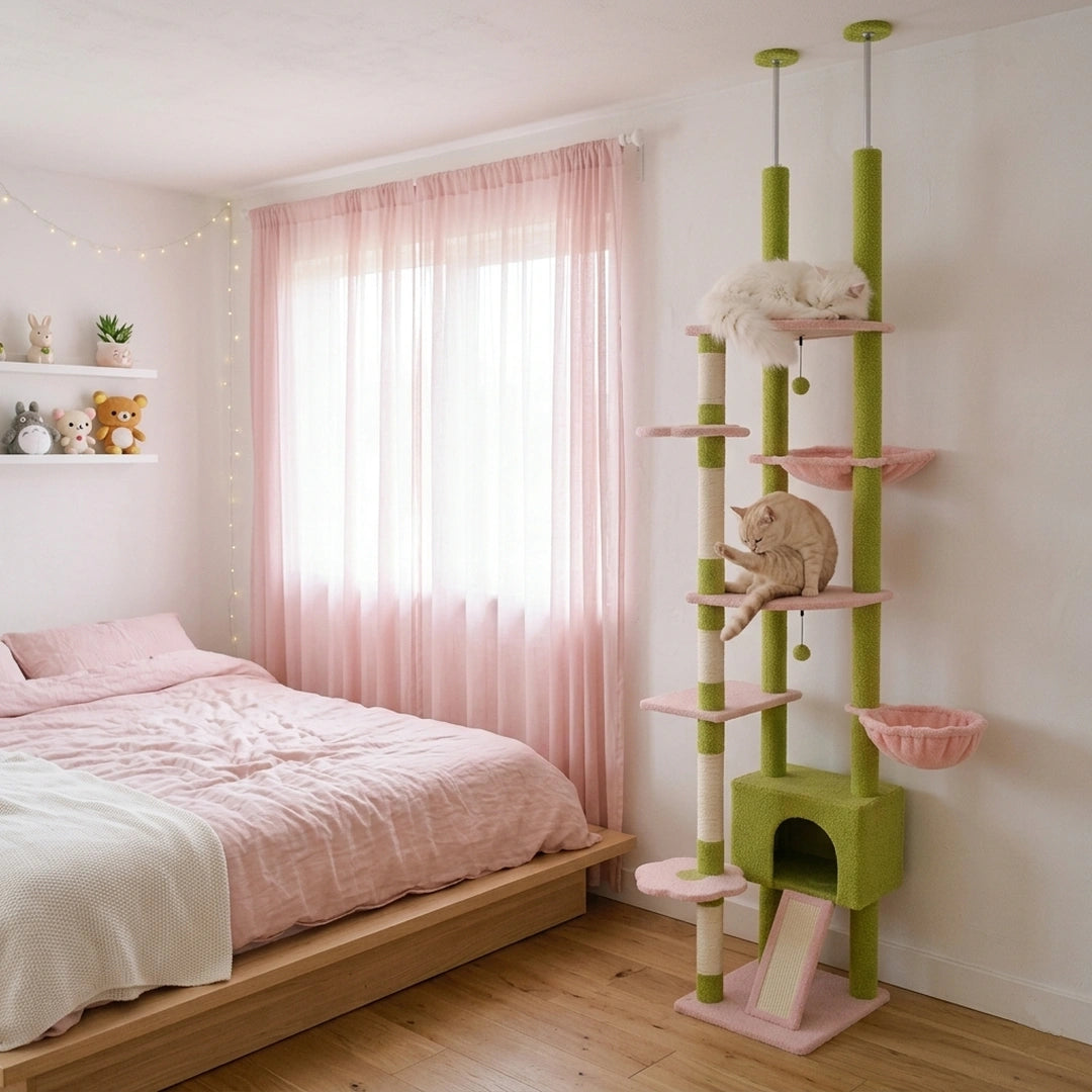 Tour Féline | XXL Réglable Sol-Plafond avec Hamac et Niche – Tour d’Escalade pour Chats