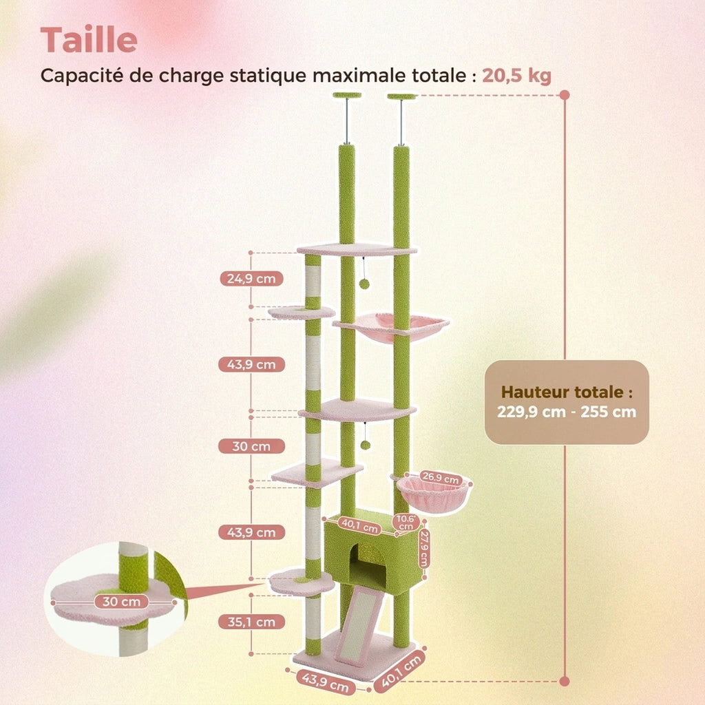 Dimensions de La Tour Féline rose : hauteur réglable 229,9 à 255 cm