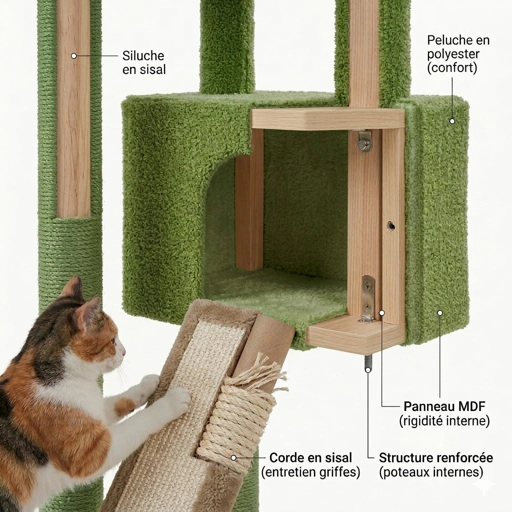Tour Féline | XXL Réglable Sol-Plafond avec Hamac et Niche – Tour d’Escalade pour Chats