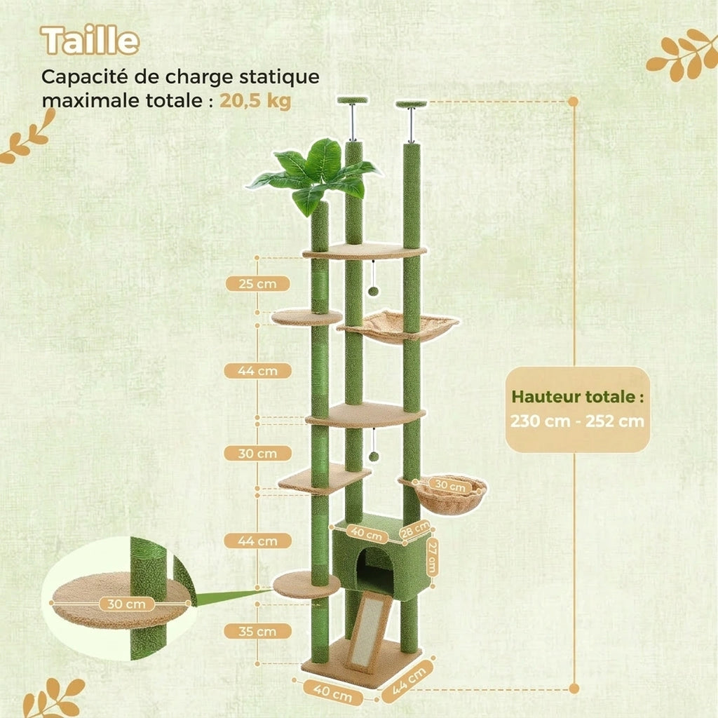 Dimensions de La Tour Féline verte : hauteur réglable 230 à 252 cm