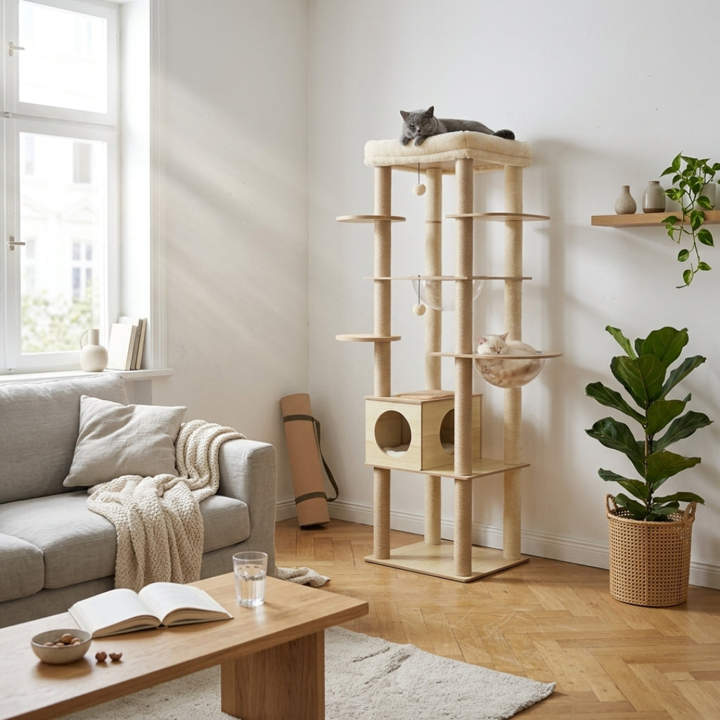 Arbre à chat Le Panorama 180 cm dans un salon lumineux