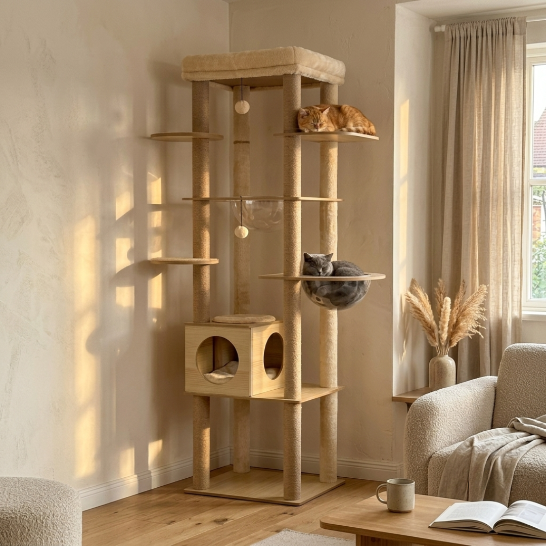 Arbre à chat dans un salon japandi