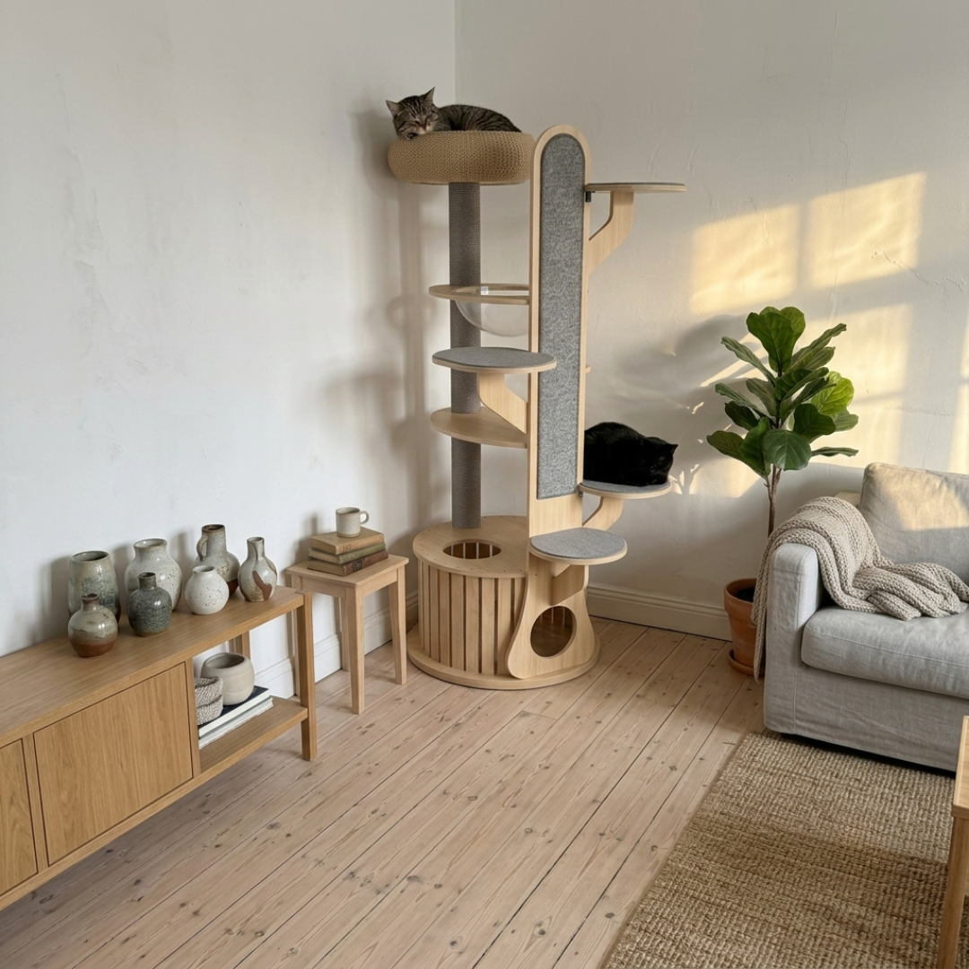 Arbre à chat dans un salon scandinave